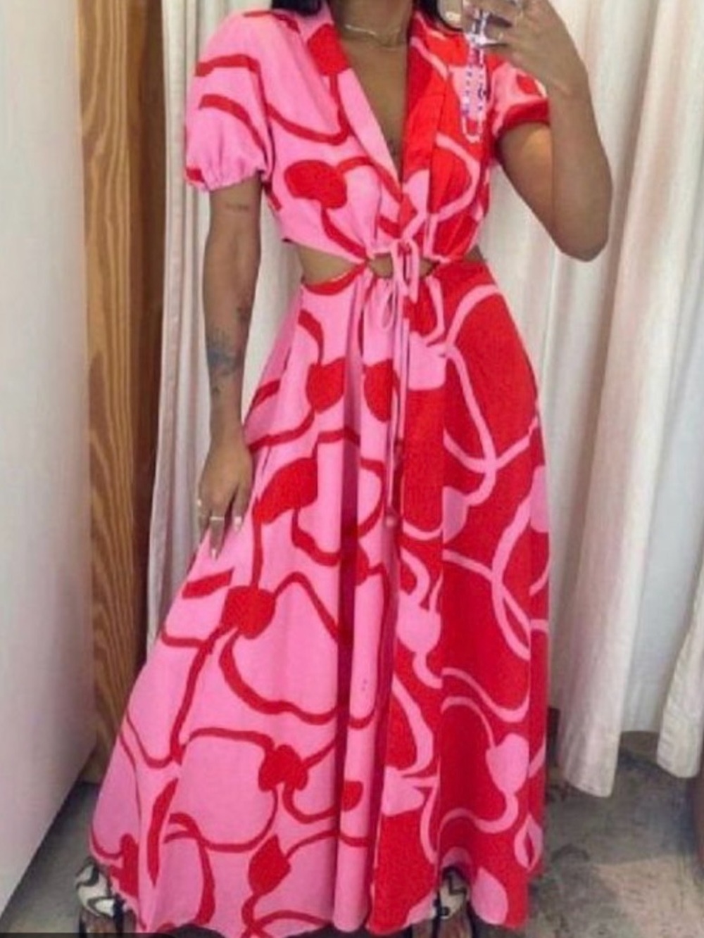 Farm rio sz m Red & Pink Tie-Front Maxi Dress waist cut - Picture 3 of 8